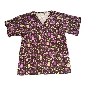 Floral‎ Print V Neck Scrub Top Pink Purple Brown Cotton